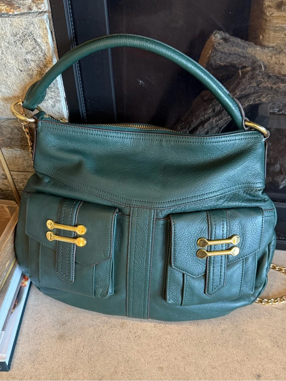 Ralph Lauren Forest Green Leather Shoulder Bag with Gold Hardware